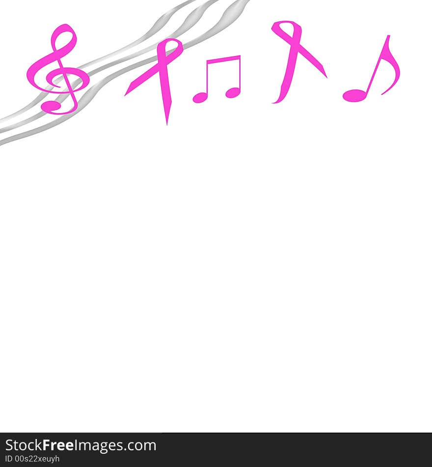 Pink ribbons and music notes on  background. Pink ribbons and music notes on  background