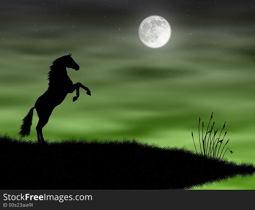 Wild horse silhouette in the moonlight landscape. Wild horse silhouette in the moonlight landscape