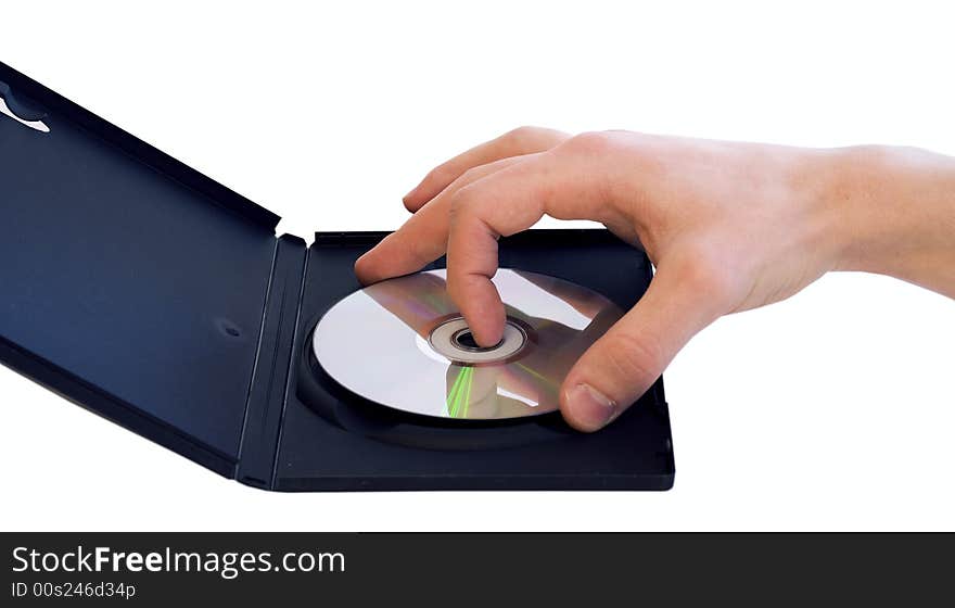 Man taking DVD disc from box on white background