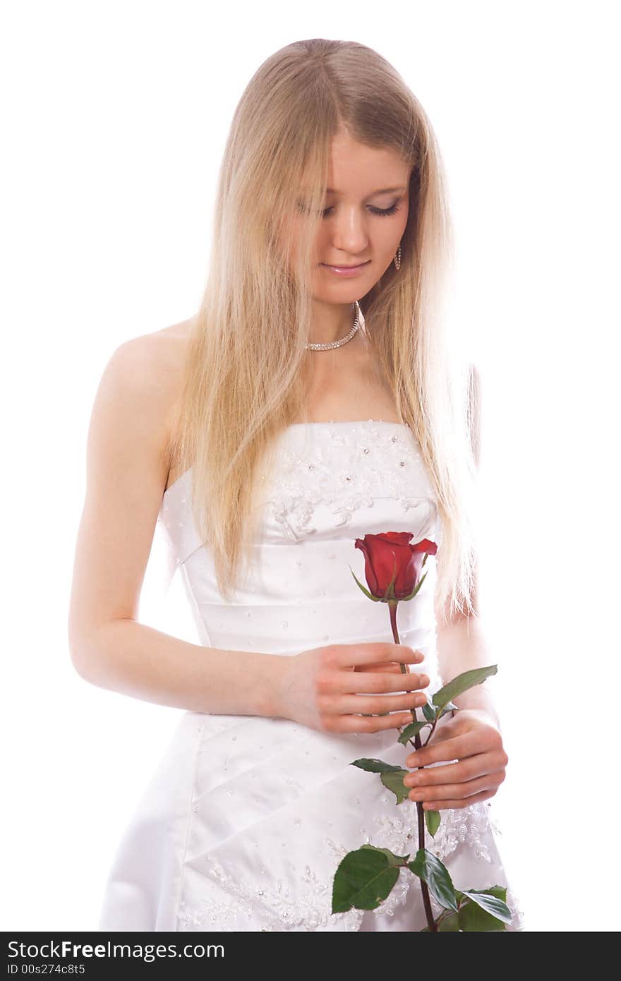 Young sad bride with red rose isolated on white