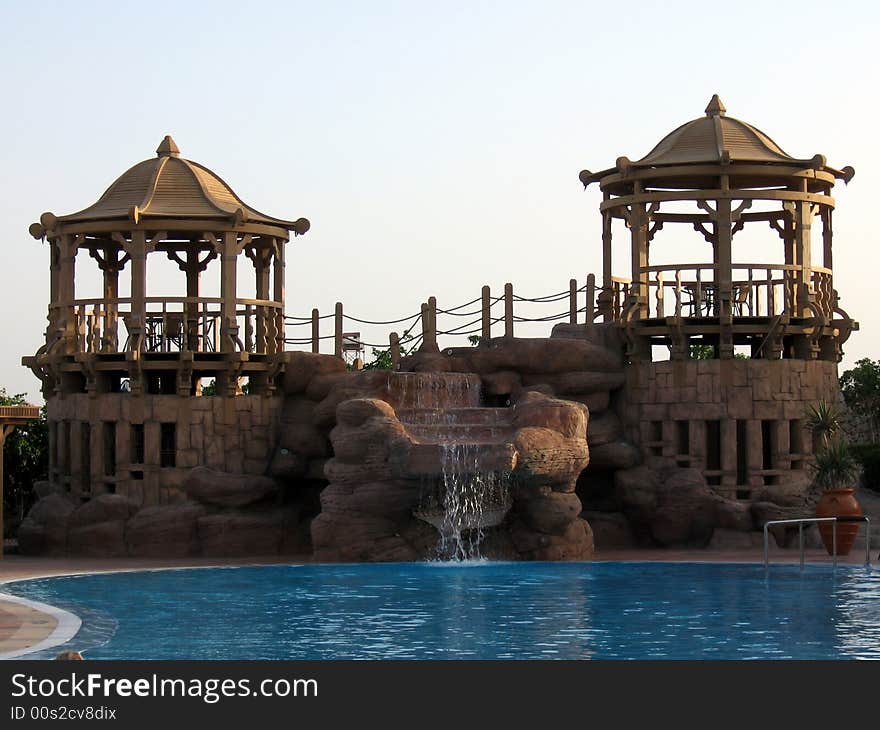 Oriental Towers With Waterfall