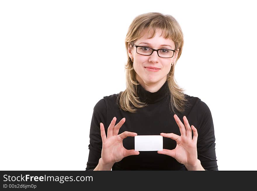 Smiling girl in glasses holds a white card. Smiling girl in glasses holds a white card