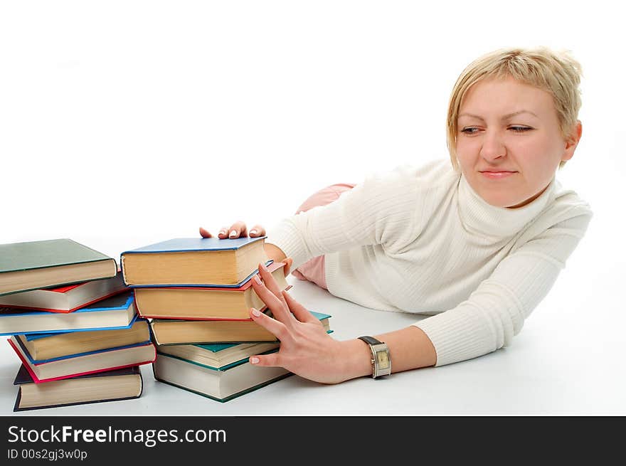 Student woman with book on white