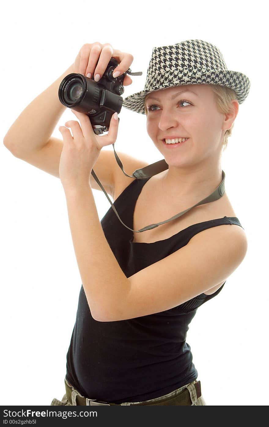 Woman with photo camera on white