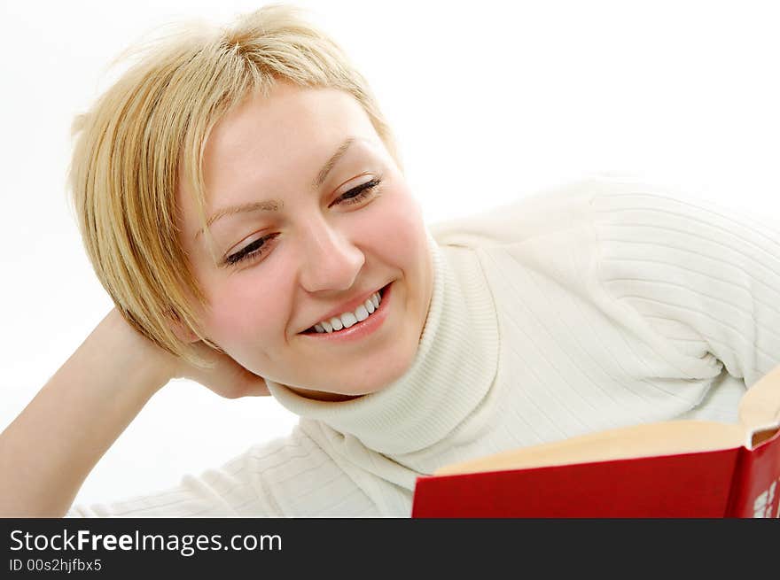 Student woman with book on white