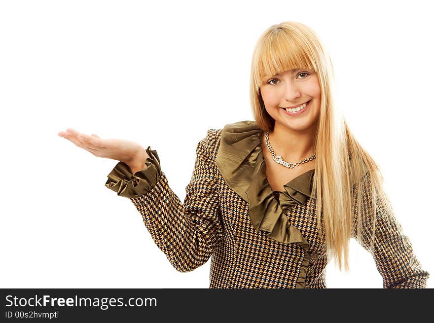 Woman with hand palm up on white background