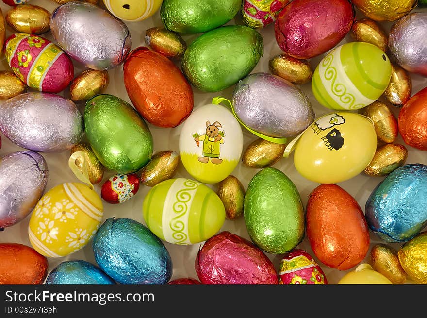 Many easter eggs with many different colors. Many easter eggs with many different colors