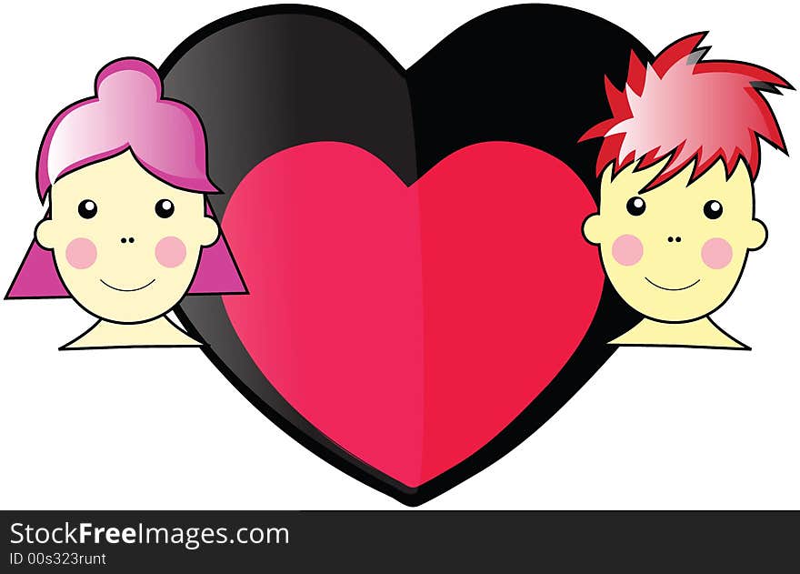 Valentine Boy and Girl WIth Red and Black Love Heart In the Middle Illustration Vector. Valentine Boy and Girl WIth Red and Black Love Heart In the Middle Illustration Vector