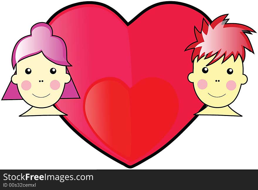 Valentine Boy and Girl WIth Red and Pink Love Heart With Black Outline In the Middle Illustration Vector. Valentine Boy and Girl WIth Red and Pink Love Heart With Black Outline In the Middle Illustration Vector