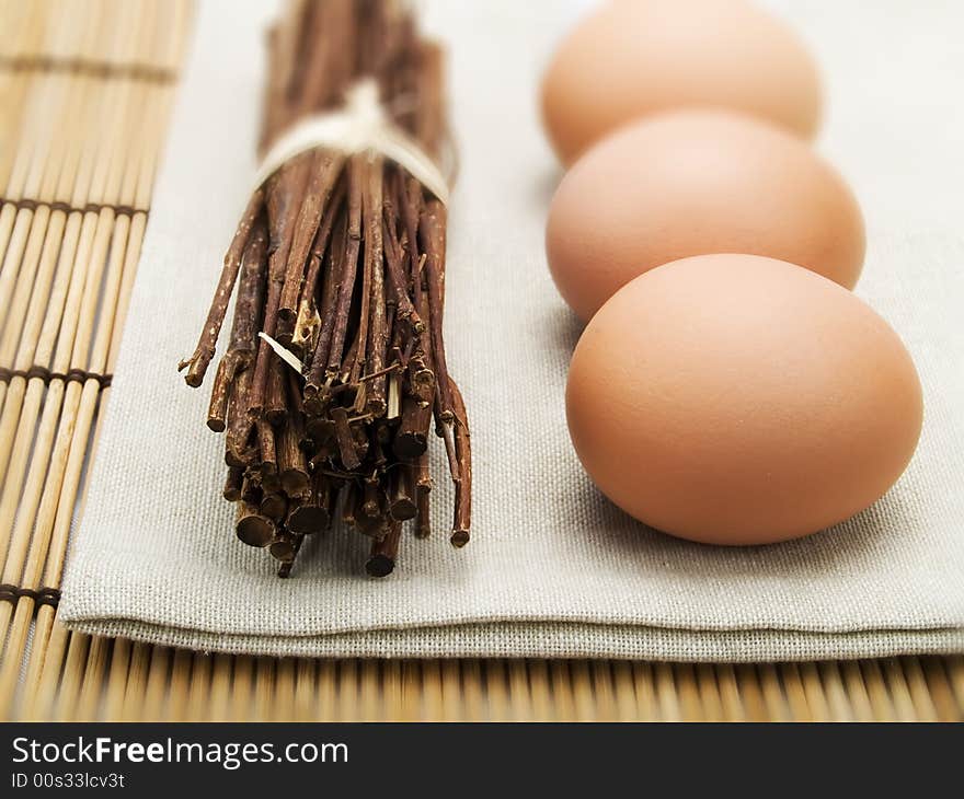 Three eggs in a kitchen