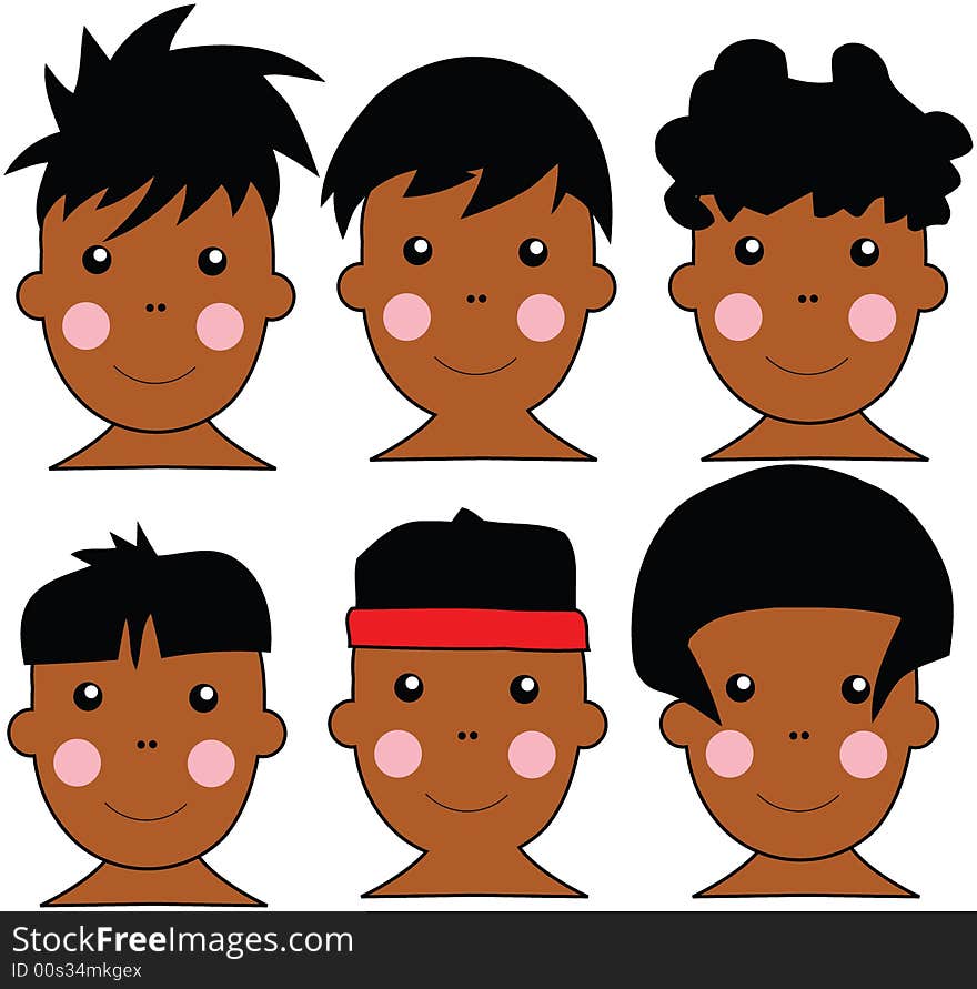 Series of 6 Cute African Kids Vector Illustration With DIfferent Hairstyles