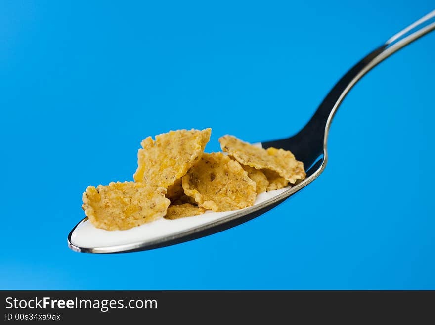 Corn flakes on the spoon with milk over a blue background