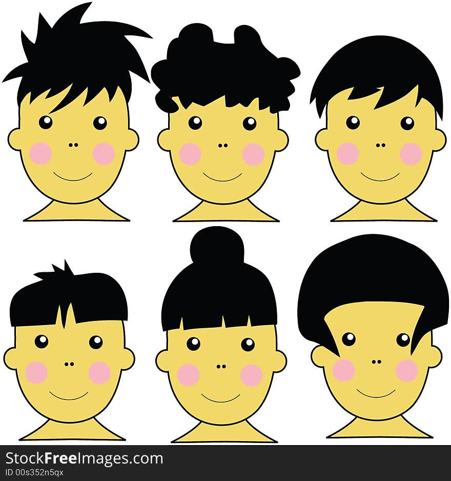 6 Cute Asian Kids Vector Illustration