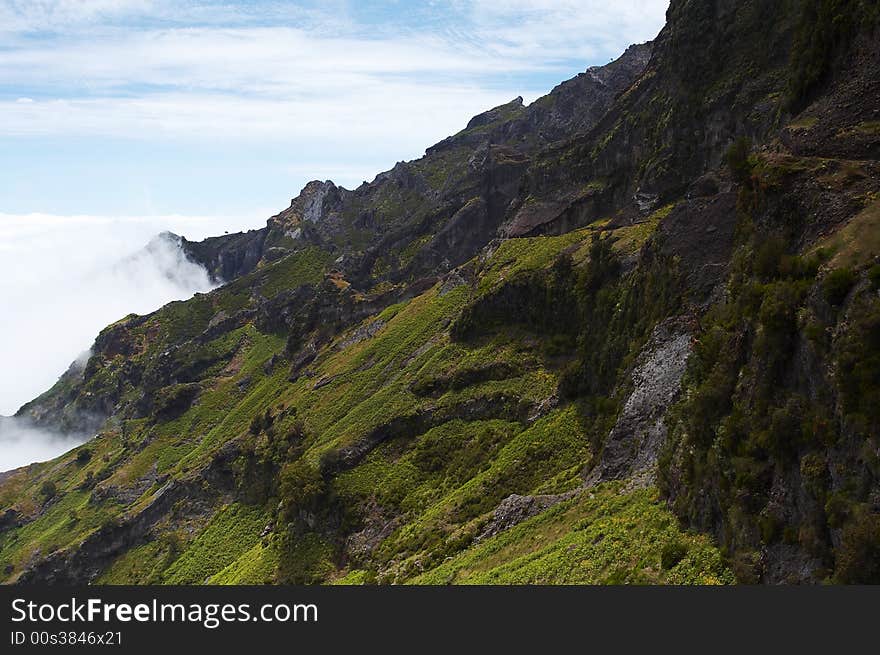 Green and sunny mountains above the clouds