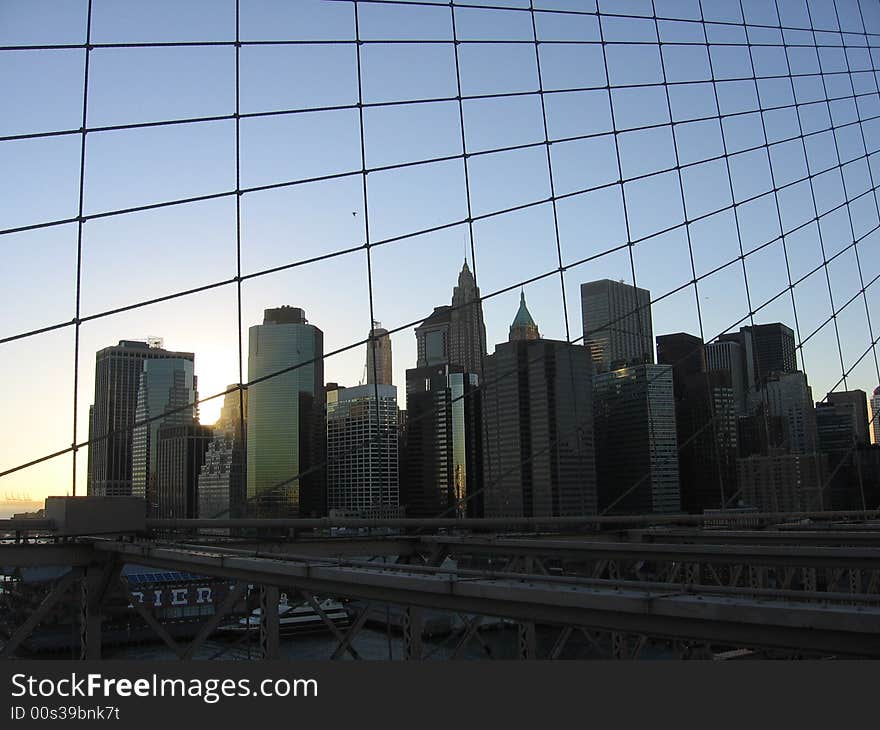 View from Brooklyn Bridge to downtown Manhattan in New York City.