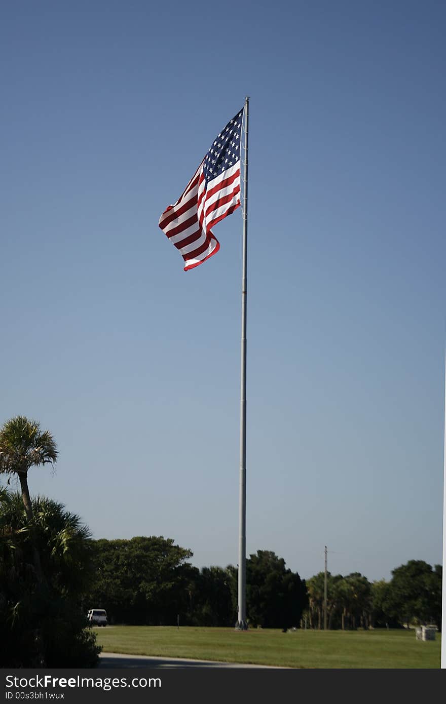 The American Flag flies proudly over Ft. DeSoto on Mullet Key in Tampa Bay, Florida