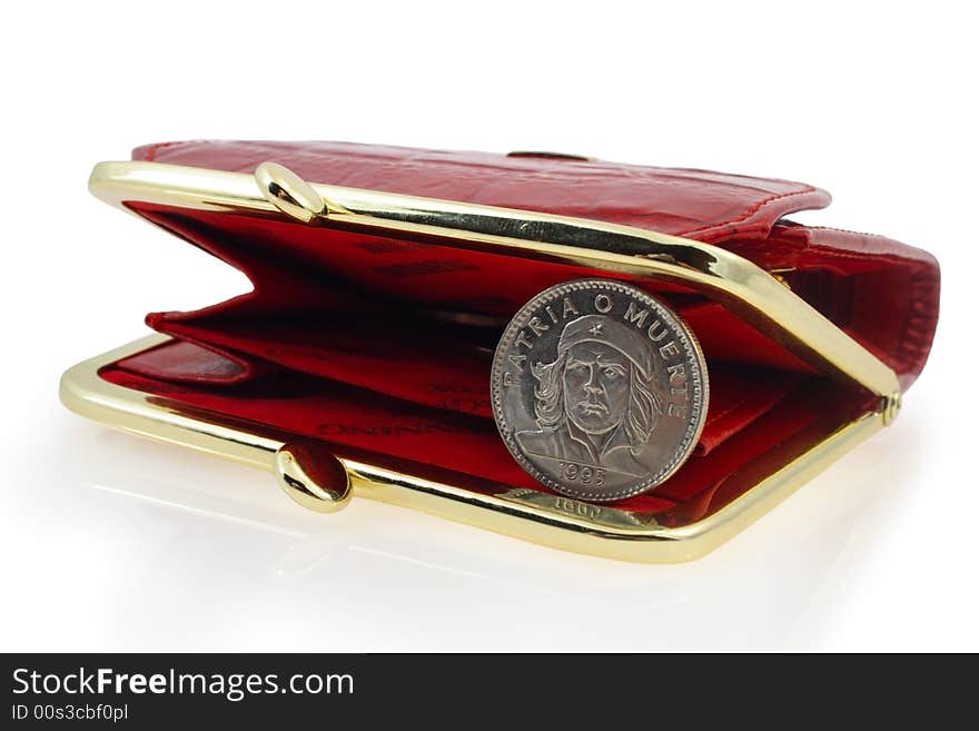 Red wallet with cuban coin inside isolated on white. Red wallet with cuban coin inside isolated on white