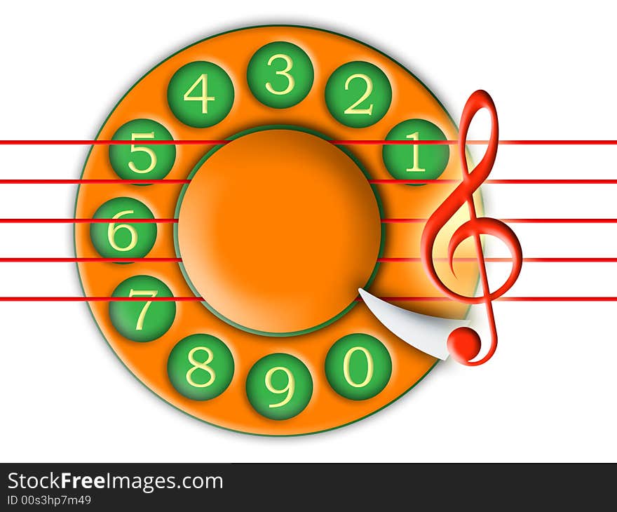 Treble clef and telephone disc on a white background. Treble clef and telephone disc on a white background