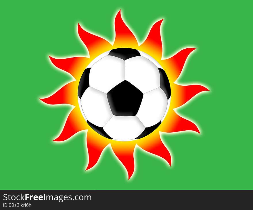 Football and red sun on a green background. Football and red sun on a green background