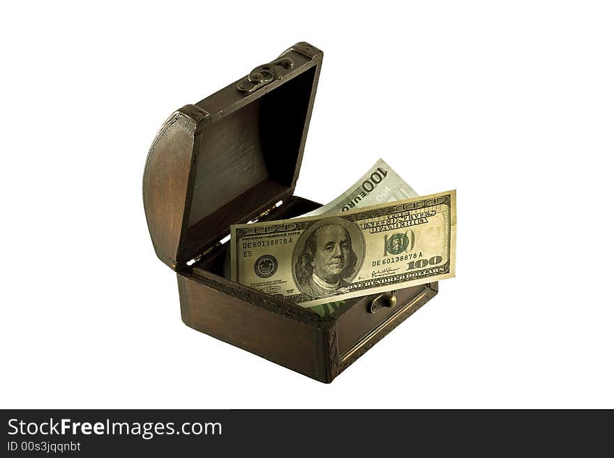 Antique chest and money, on white background. Antique chest and money, on white background