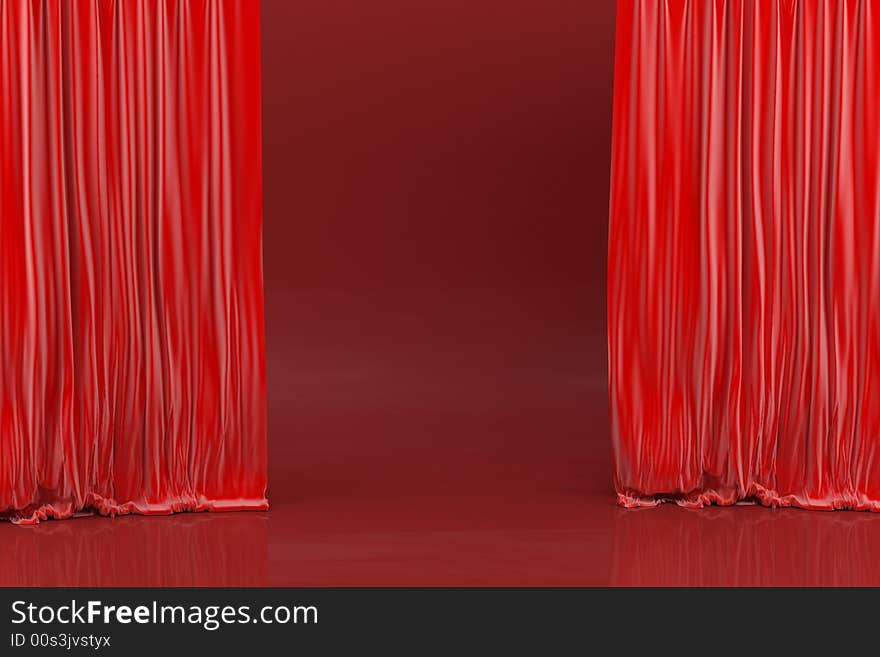 Stage, red opened window shades. Stage, red opened window shades