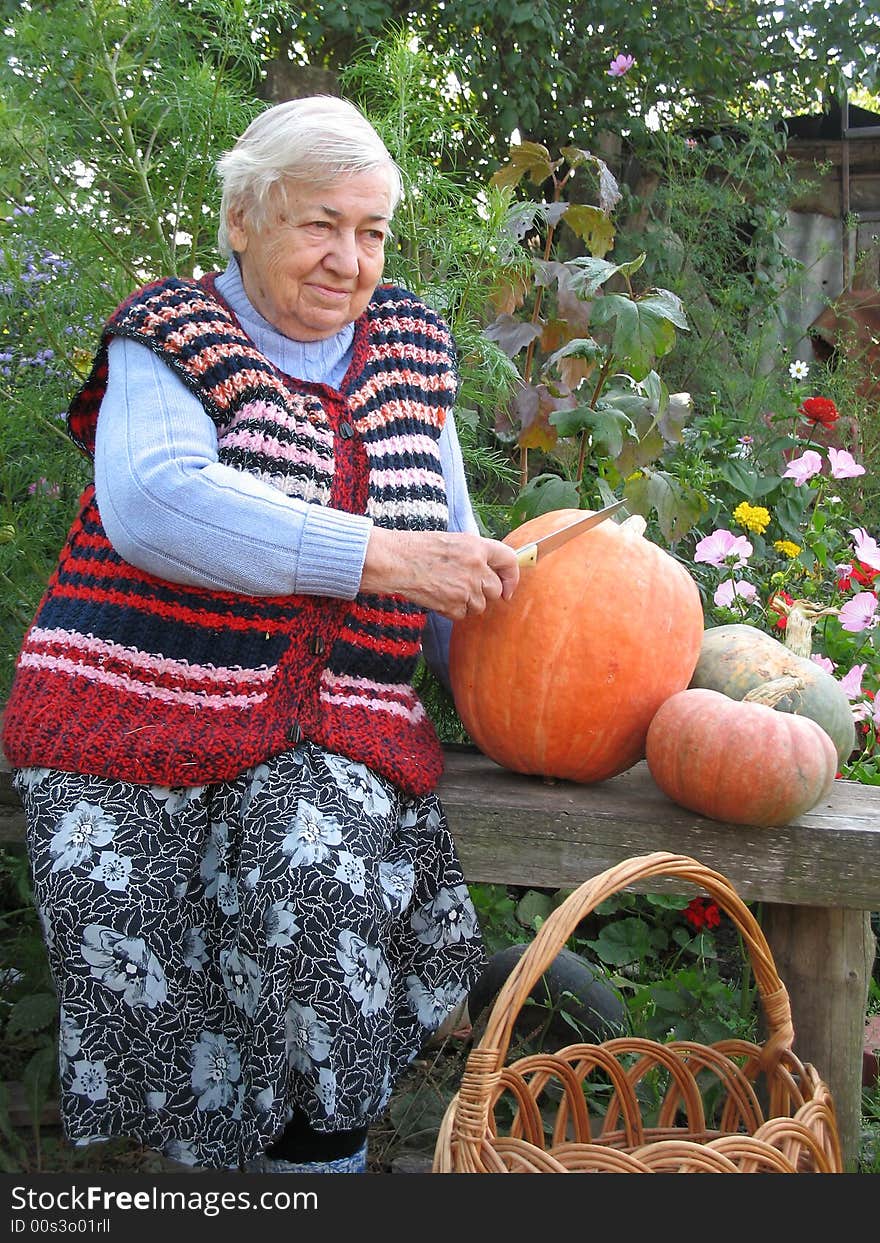 The old woman is sitting on the bench and cutting the pumpkins. The old woman is sitting on the bench and cutting the pumpkins