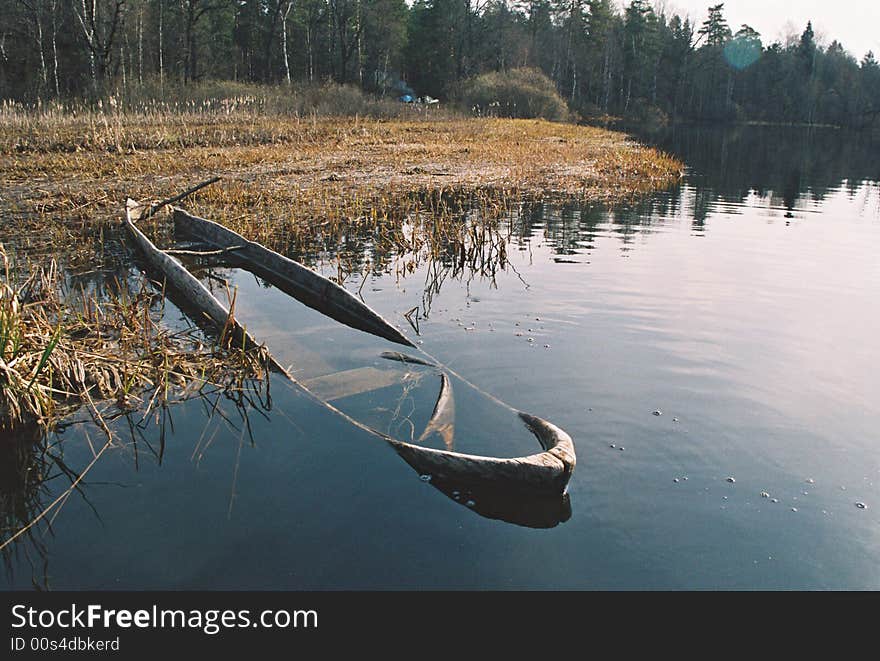 Sunken boat in a river