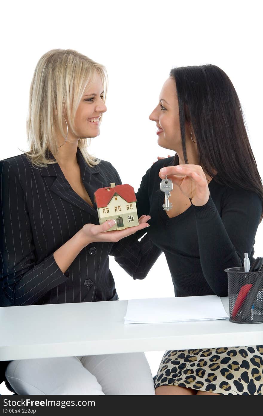 Business women advertises real estate on  white background