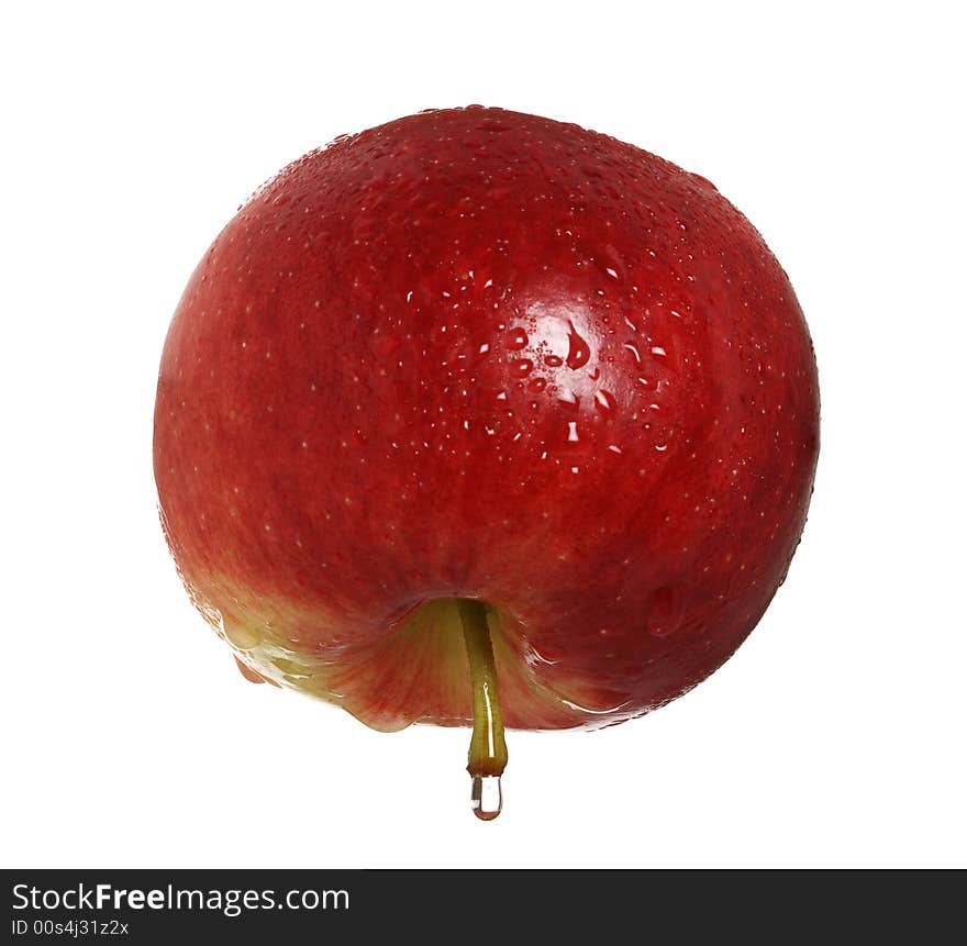 Red apple with drop of water on the stem, isolated on white