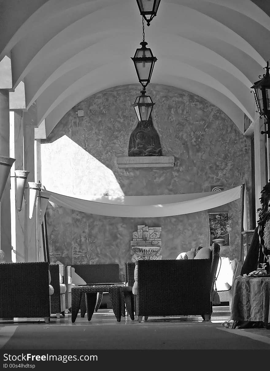 Hotel porch lounge in black and white