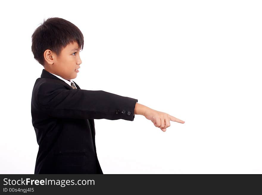 Young man pointing wearing a black suit