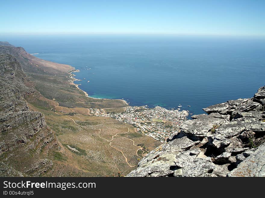 View from Table Mountain down to the towns and coastline of Cape Town and the Cape Peninsula (South Africa)