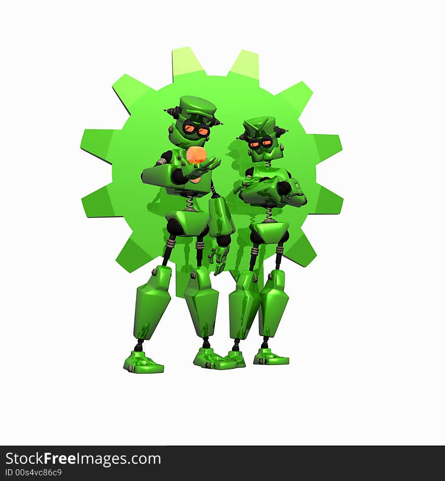 Green Robots curious, gear in background. Green Robots curious, gear in background