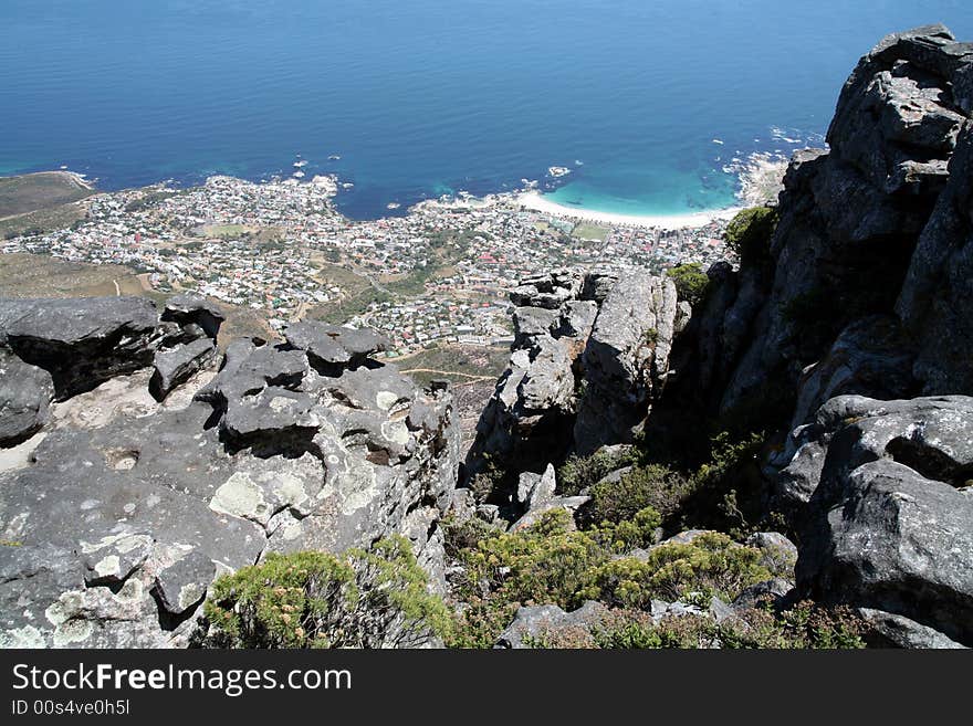 View from Table Mountain down to the towns and coastline of Cape Town and the Cape Peninsula (South Africa)