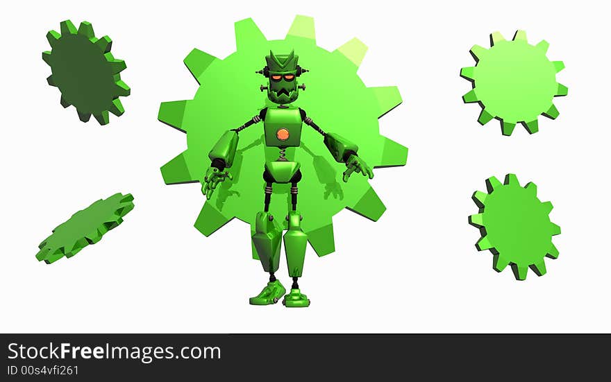 Angrey green robot with gears