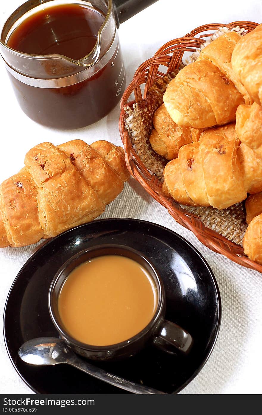 Cup Of Coffee With Fresh Croissants