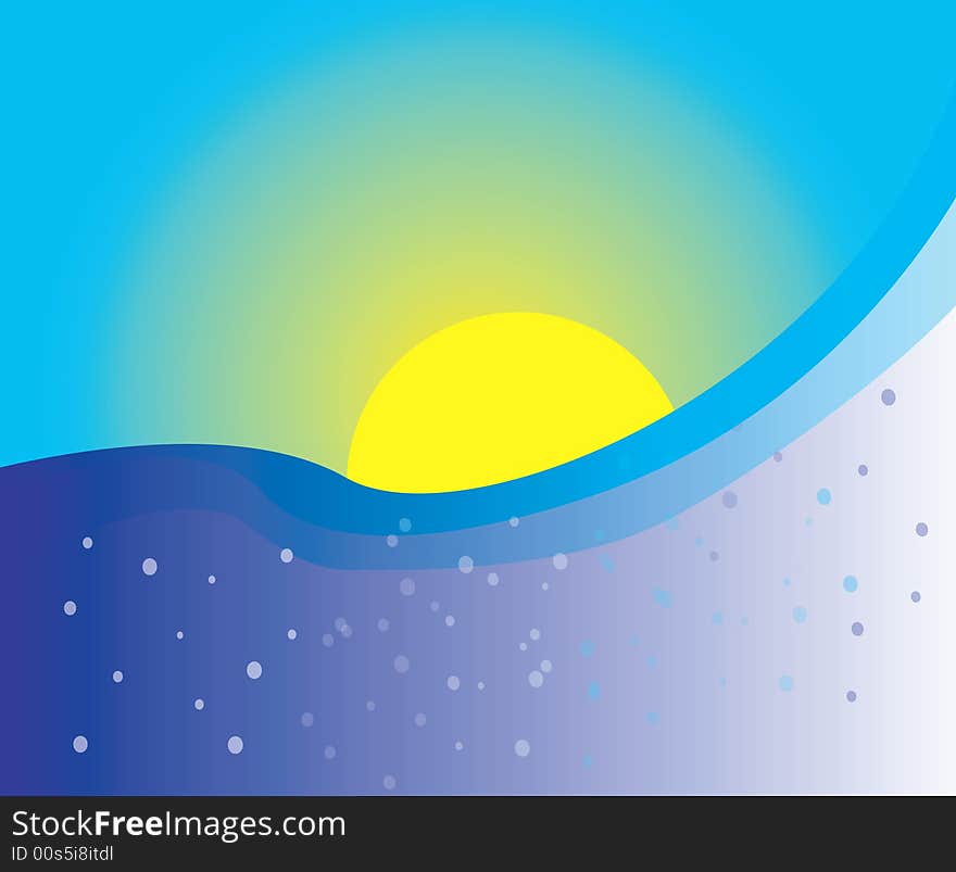 Sunset and blue water, vector illustration