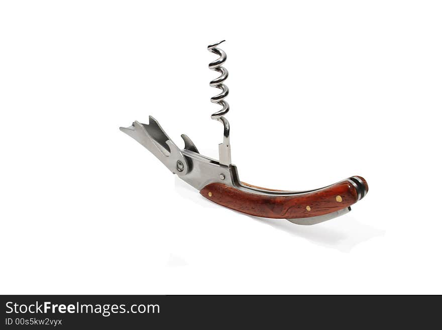 Nice folding steel bottle-opener with wooden handle on white background. Nice folding steel bottle-opener with wooden handle on white background