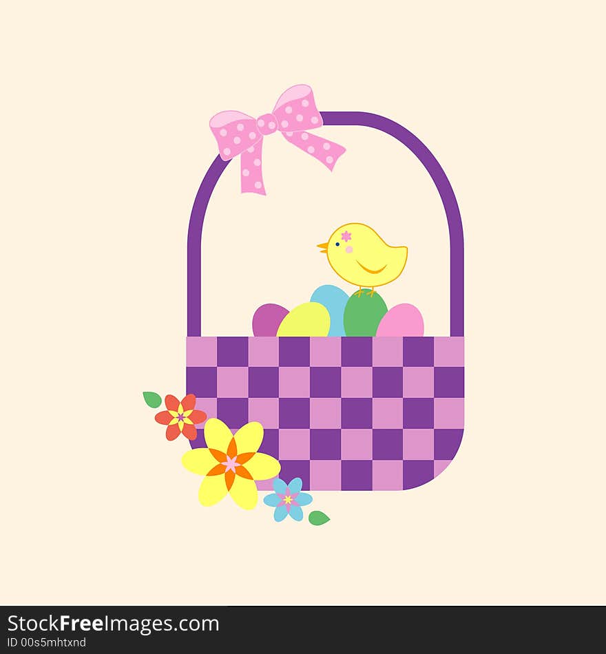 A colorful Easter basket with eggs, cute chick and some flowers.