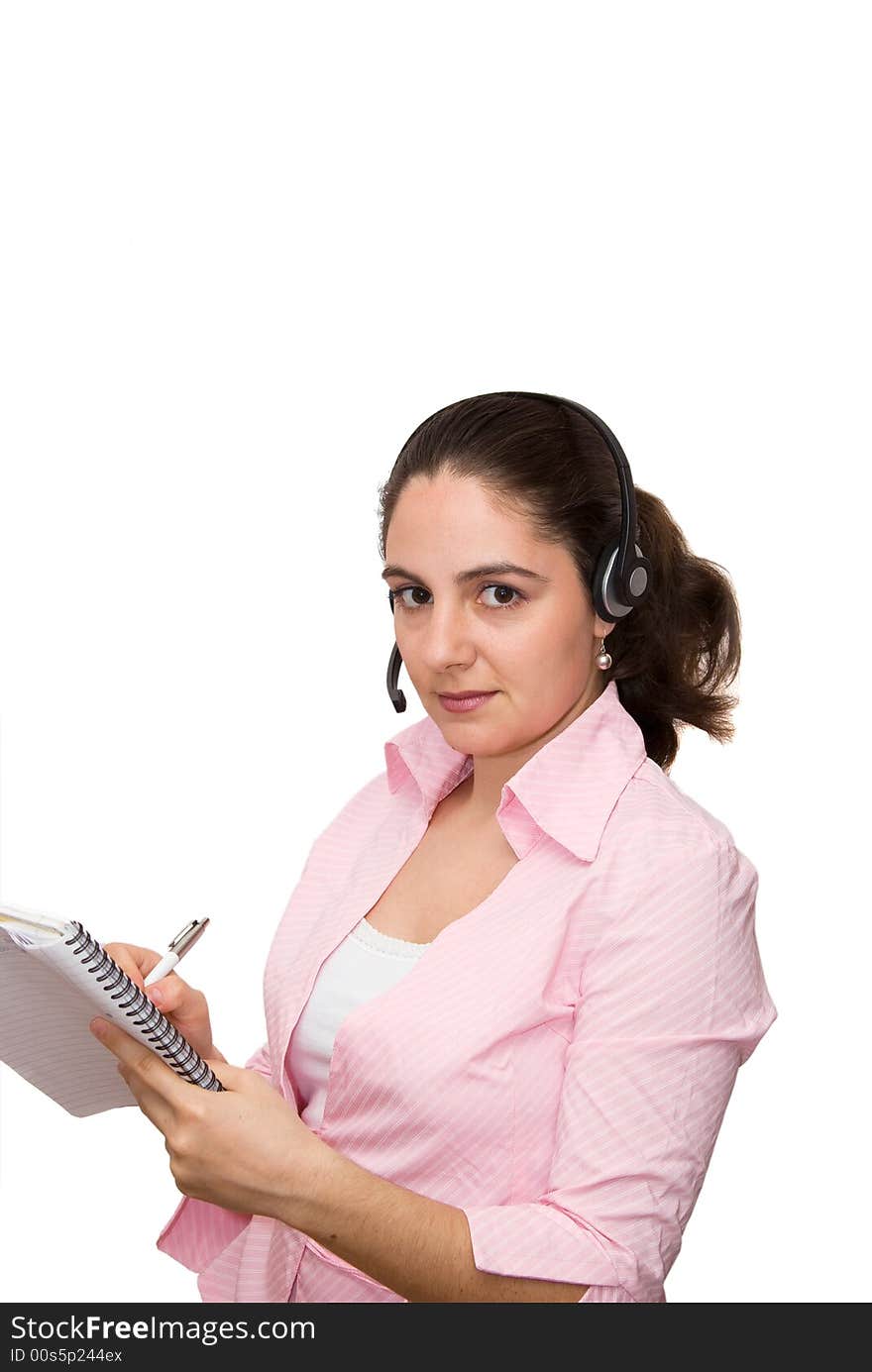 Beautiful girl with microphone and notebook