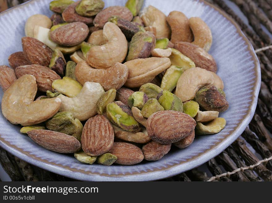 A favorite variety of mixed nuts: almonds, cashews and pistachios.