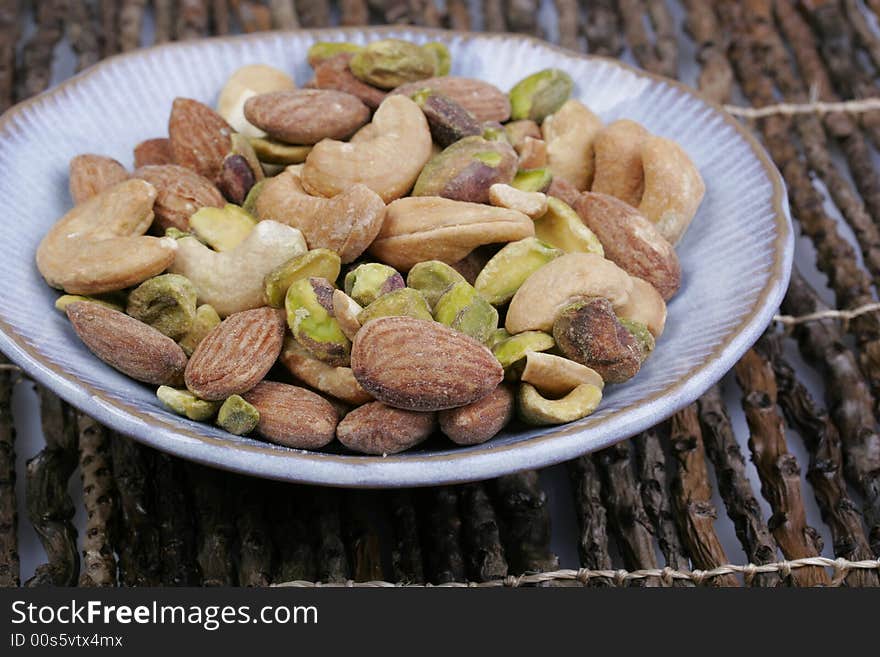 A favorite variety of mixed nuts: almonds, cashews and pistachios.