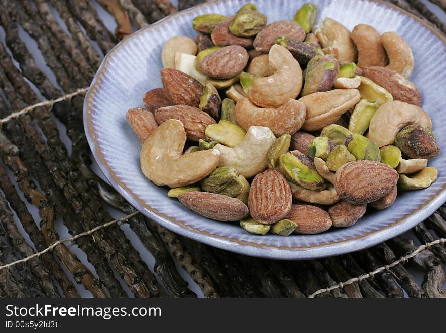 A favorite variety of mixed nuts: almonds, cashews and pistachios.