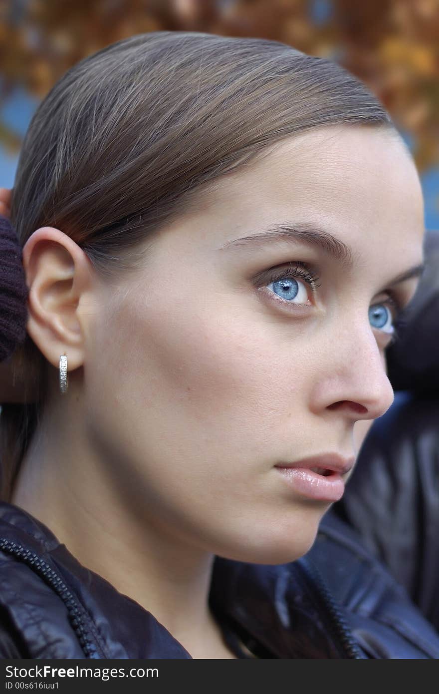 Portrait of a young woman making a pony-tail. Portrait of a young woman making a pony-tail