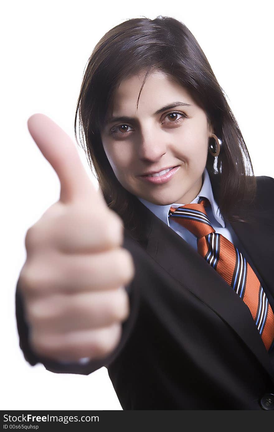 Businesswoman with thumbs up isolated on white background