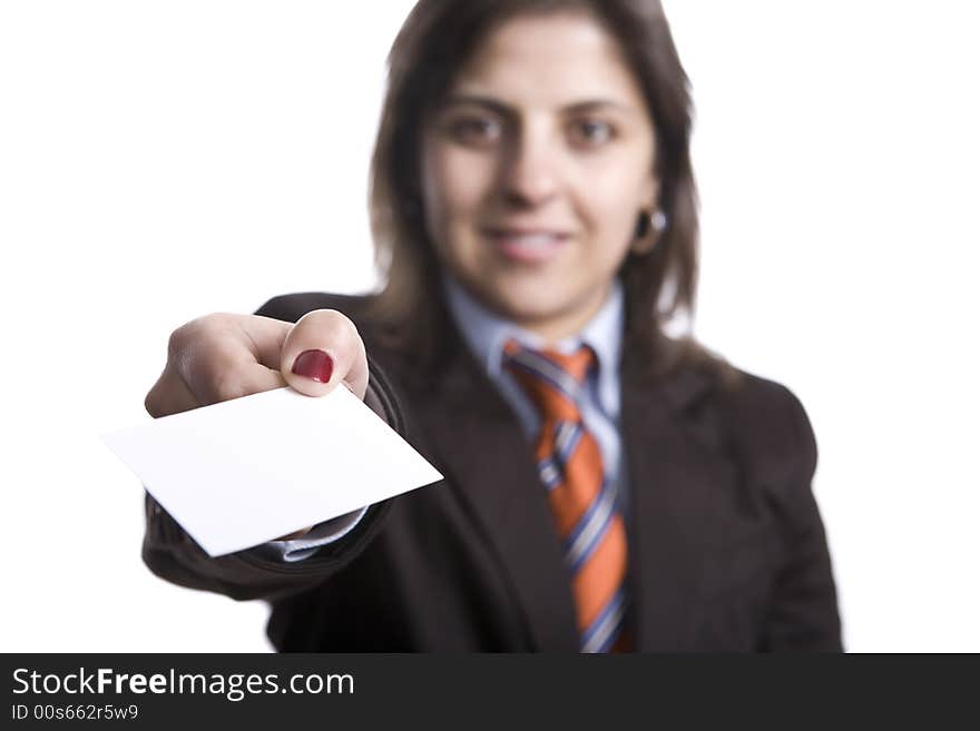 Business woman showing white presentation card