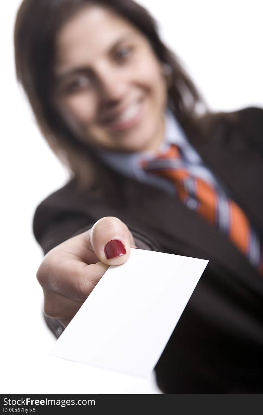 Young and succesuful business woman showing presentation card. Young and succesuful business woman showing presentation card