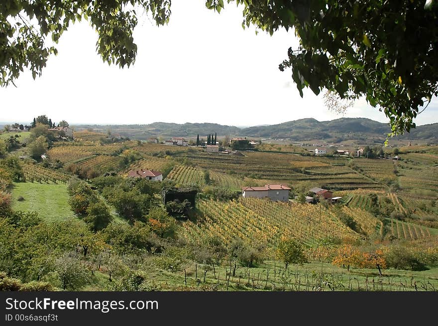 Italian landscape with green hills and trees