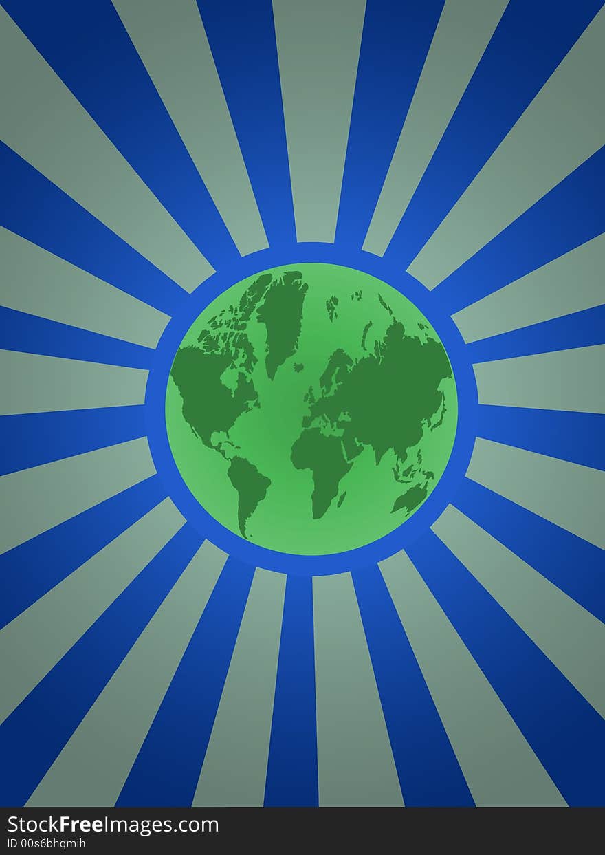 World map globe green at blue background with rays