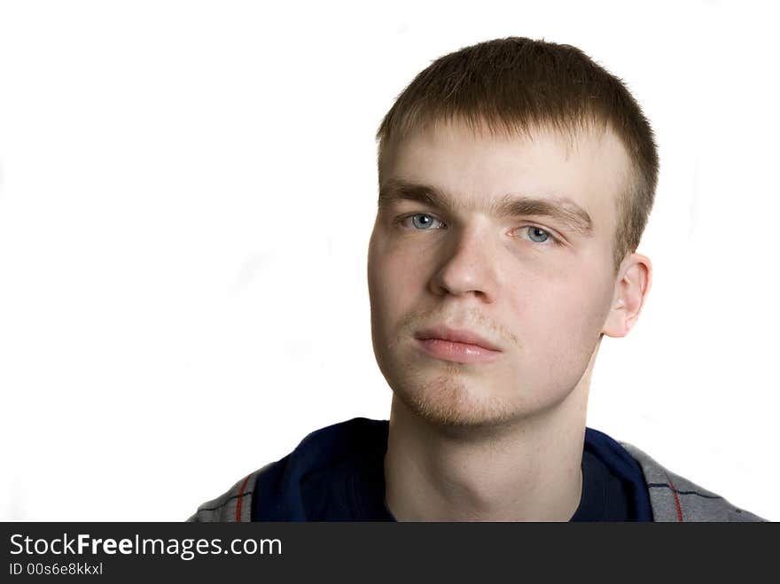 Young man, portrait on white background. Two light sources, camera Pentax k10d kit. Young man, portrait on white background. Two light sources, camera Pentax k10d kit